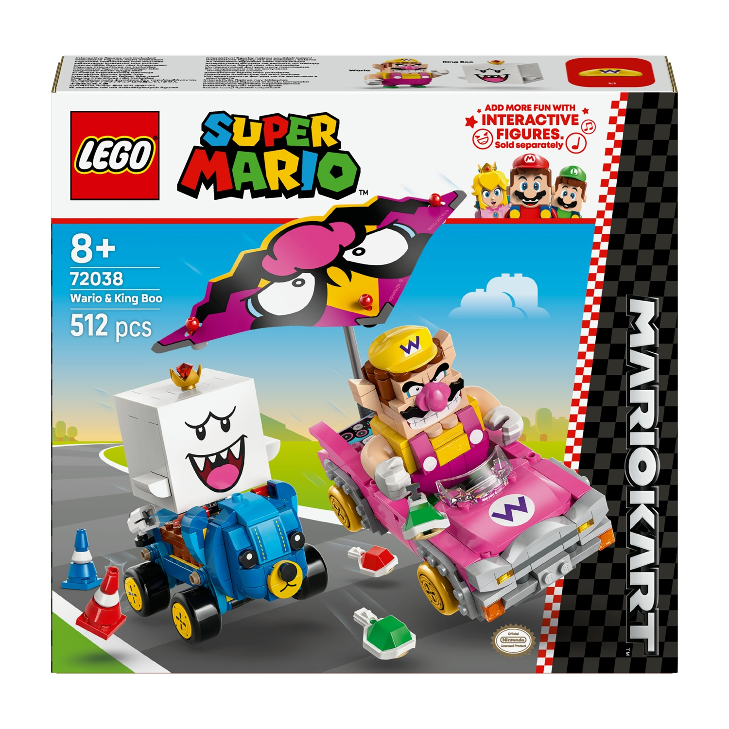 Set Lego Super Mario. Wario e King Boo nei kart. La scatola mostra i personaggi e il logo di Mario Kart. Include 512 pezzi.