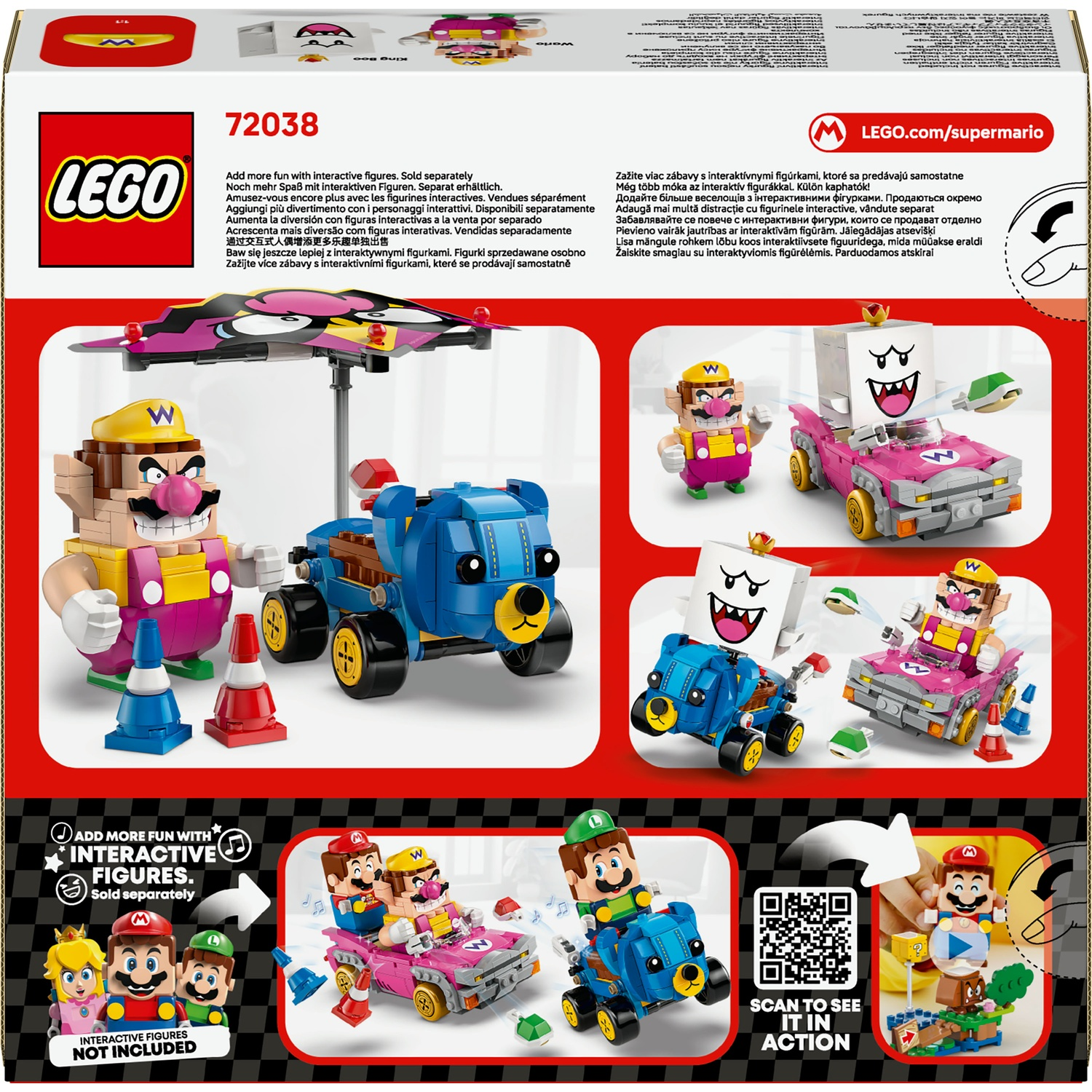 Scatola del set Lego. Wario, Boo e altri personaggi su auto. Tema Mario. Colori vivaci. Personaggi interattivi.