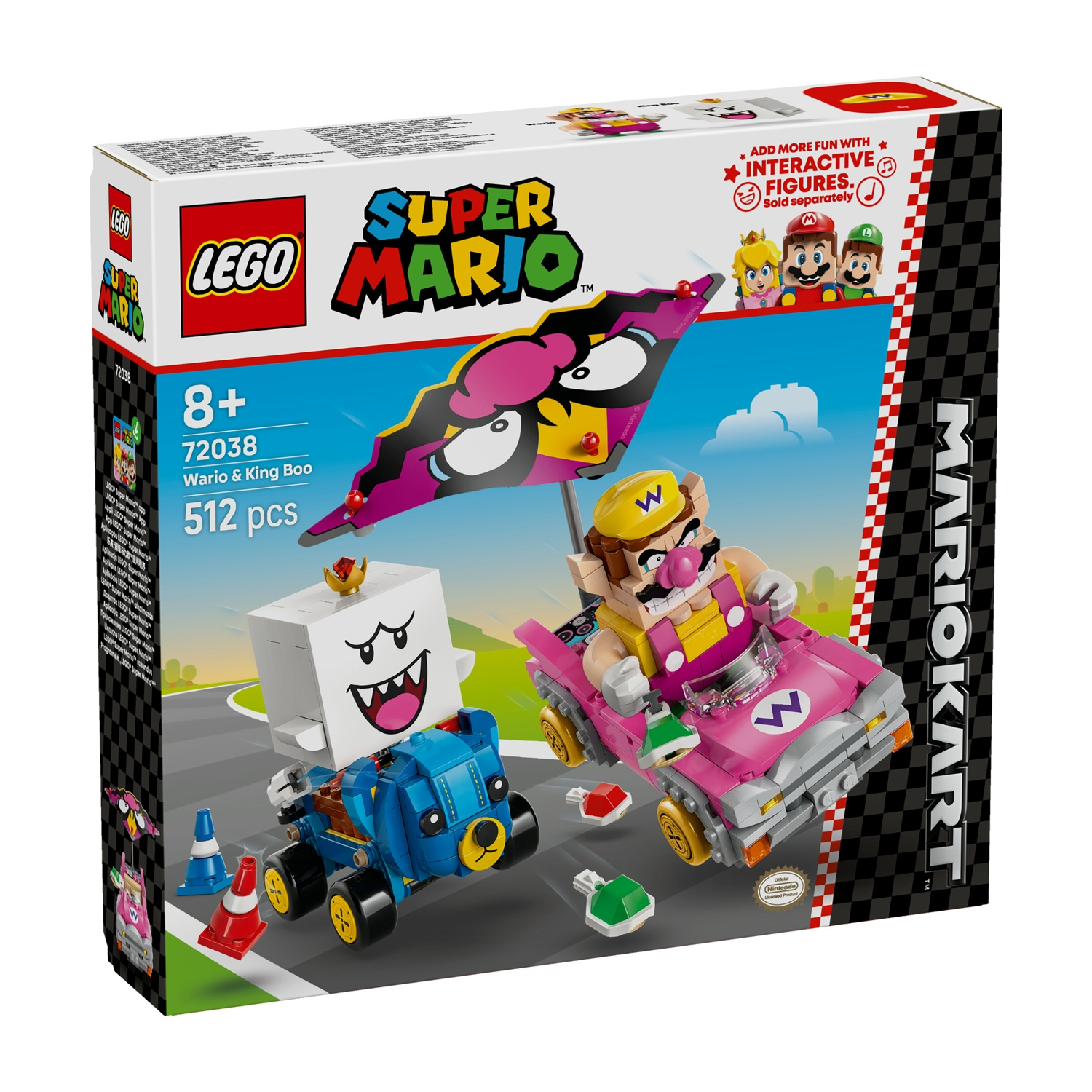Scatola Lego Super Mario. Presenta Wario, King Boo e i loro kart. La scatola ha anche il marchio Mario Kart e le figure.