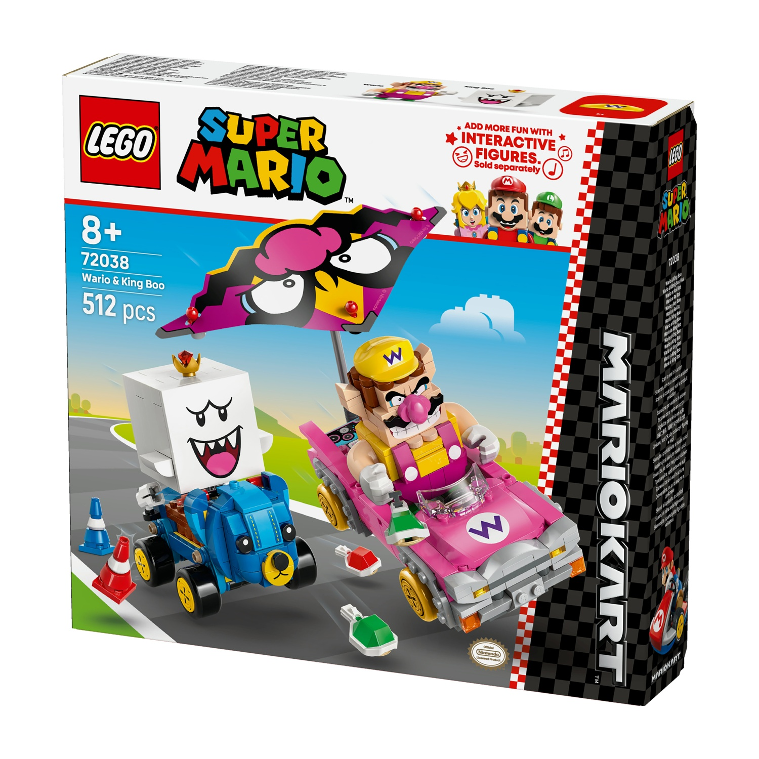Scatola Lego Super Mario. Mostra Wario e Boo Re nei kart. La scatola ha i loghi Lego e Super Mario.