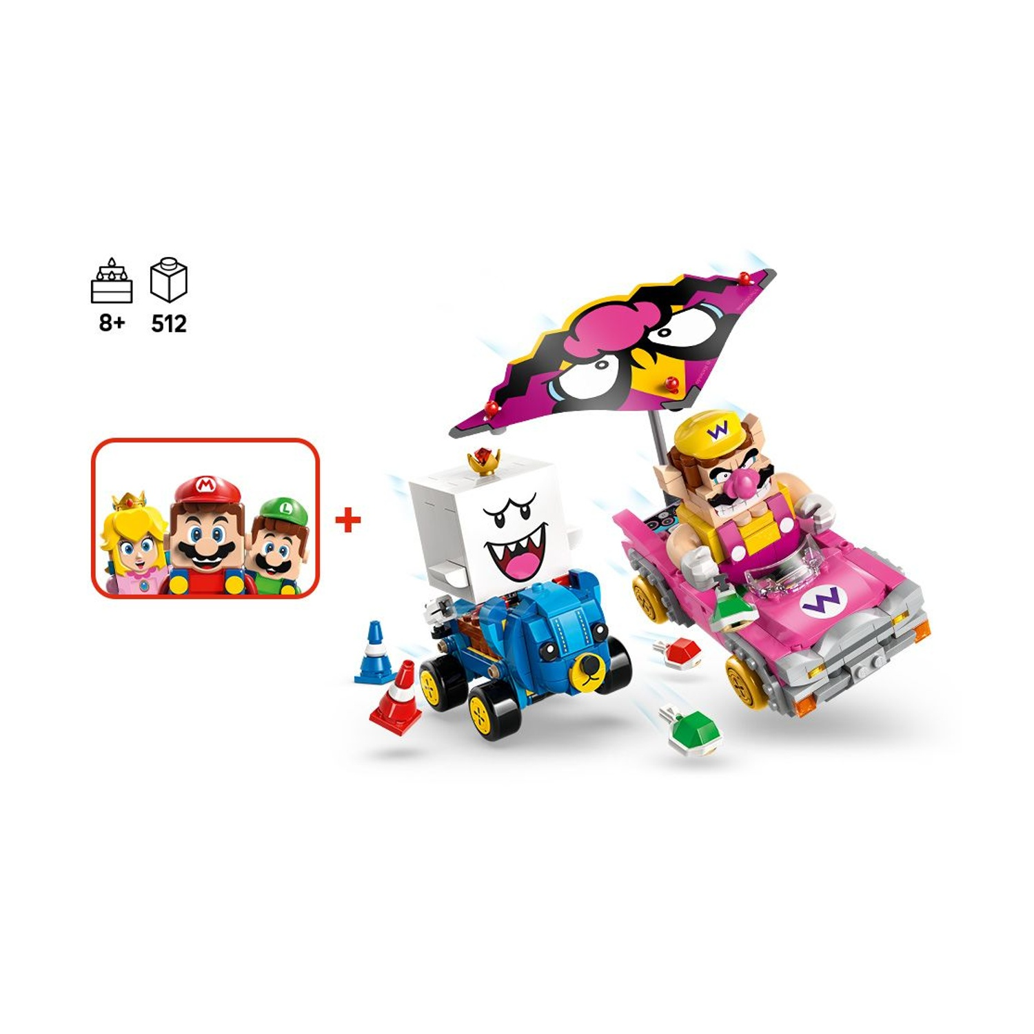 Set Lego con personaggi di Mario, Wario e Boo che guidano macchinine giocattolo. Include coni e uno striscione con una faccia.