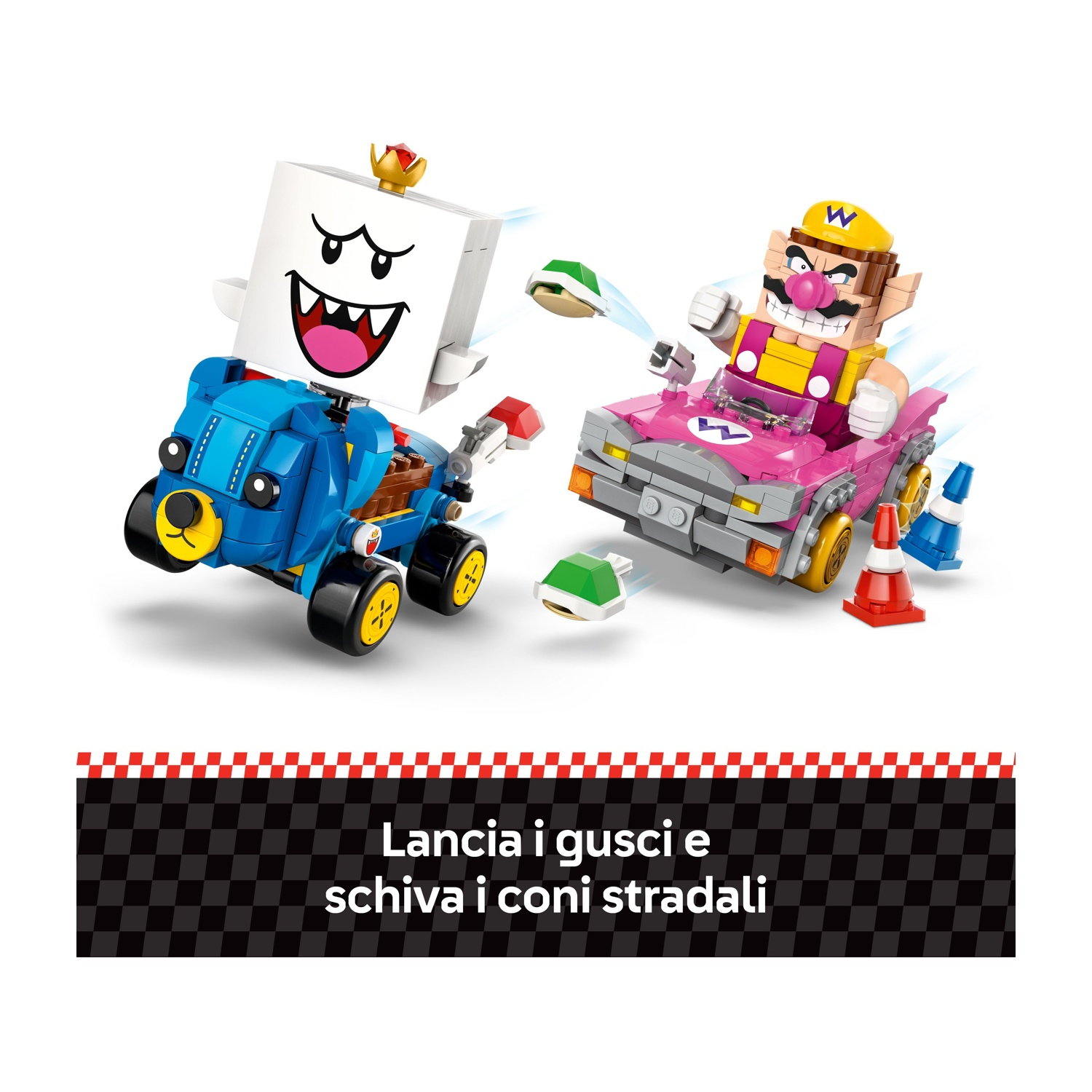 Set Lego con due auto da corsa, una blu con un fantasma, l'altra rosa con Wario. Sono presenti gusci verdi e coni stradali.