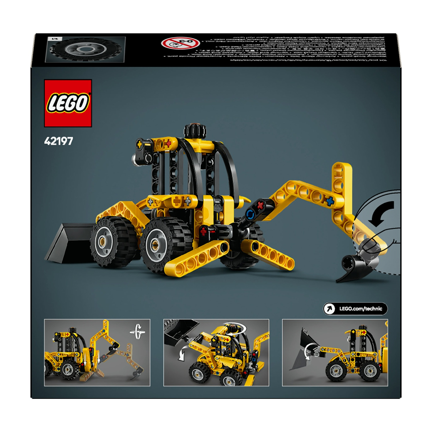 Una scatola del set Lego Technic. Il set mostra un escavatore giallo e nero su sfondo grigio. Il logo Lego è visibile.
