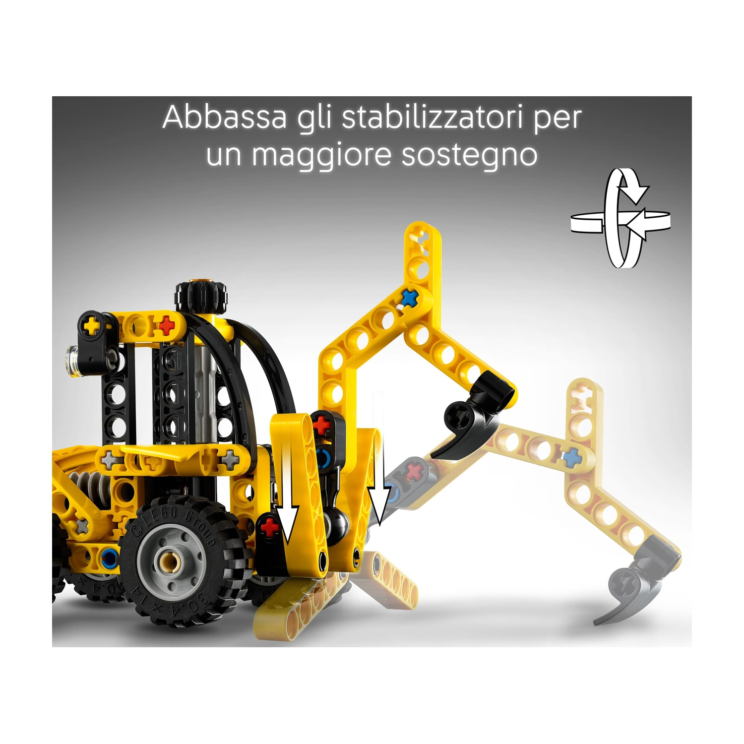 Veicolo da costruzione Lego giallo con dettagli neri. Il testo recita 'Abbassa gli stabilizzatori per un maggiore sostegno'.