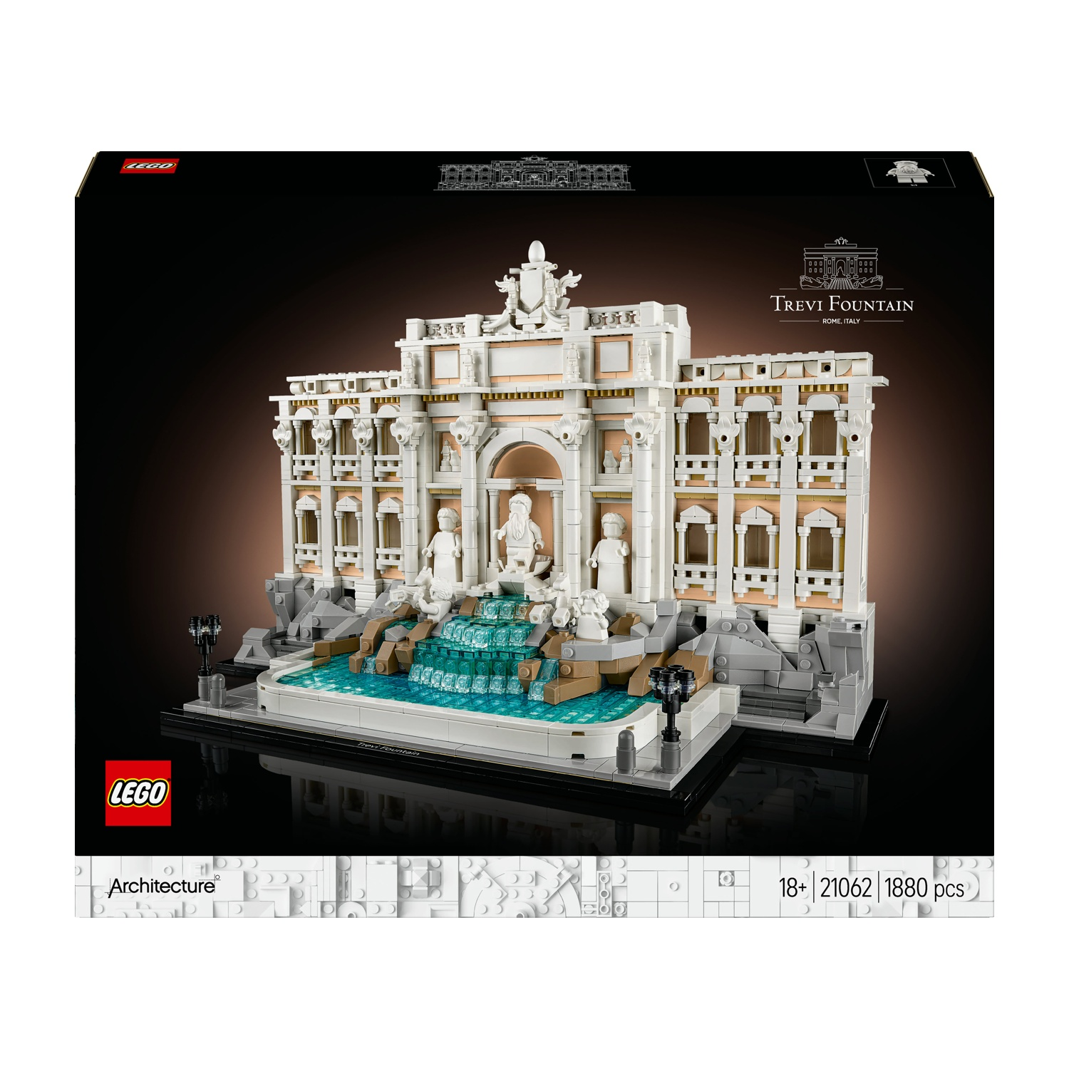 Set Lego Fontana di Trevi. Un modello dettagliato della fontana, con mattoncini bianchi e beige. La scatola mostra il modello su sfondo scuro.