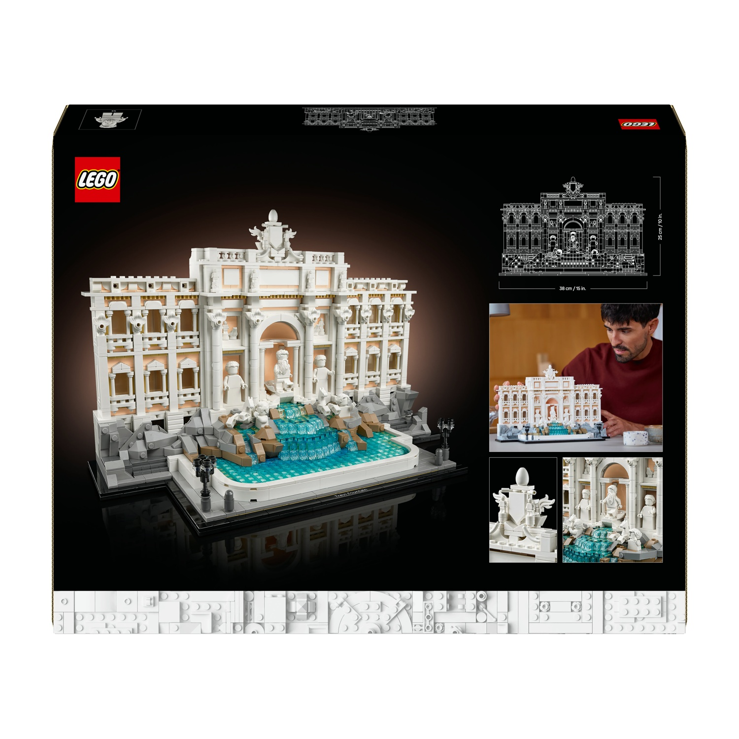 Scatola del set Lego. Presenta un modello dettagliato della Fontana di Trevi. Include immagini del modello, un diagramma e una persona che lo assembla.