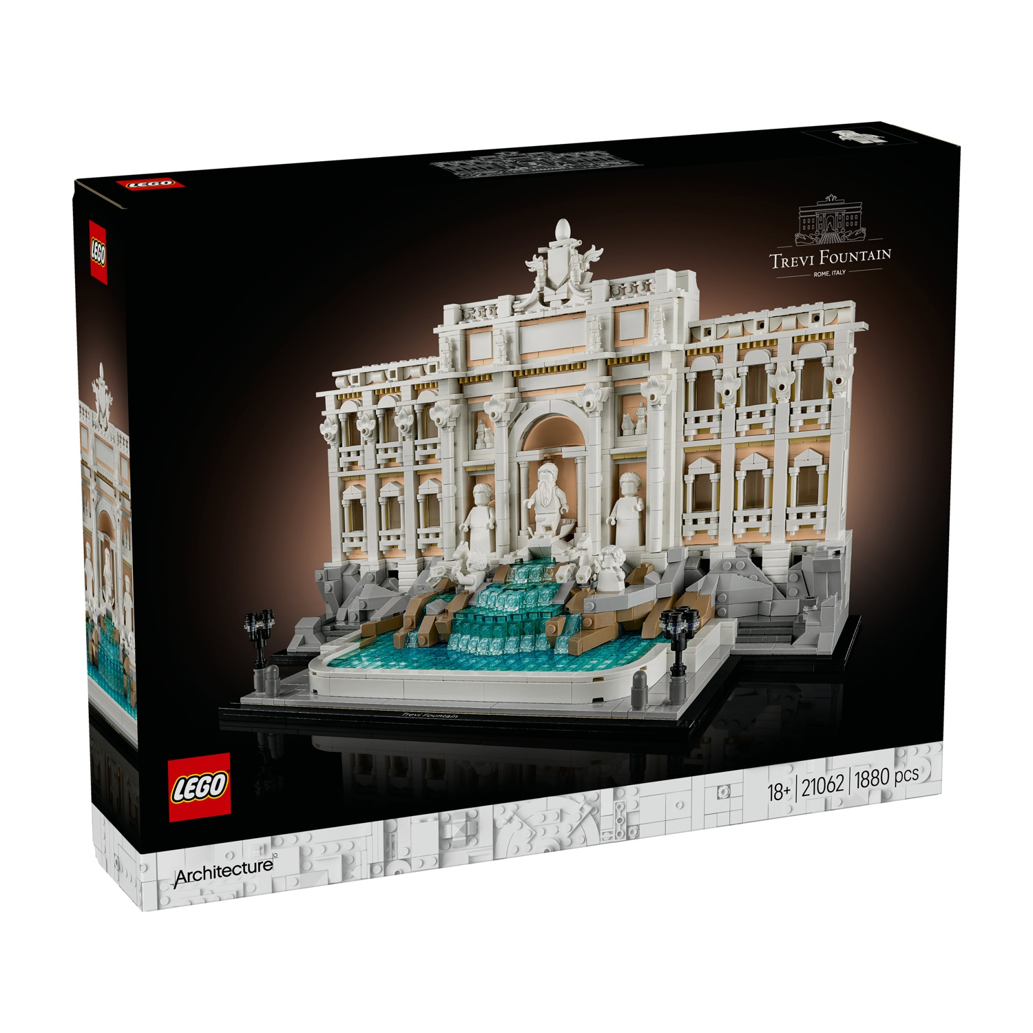 Scatola del set Lego della Fontana di Trevi. La scatola mostra il modello della fontana, con architettura bianca e beige e acqua blu.