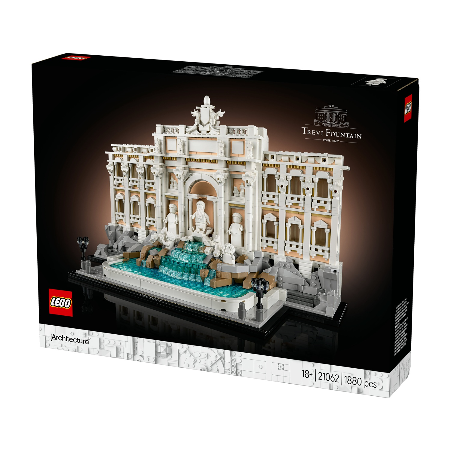 Scatola del set Lego Architecture. Viene mostrato il modello della Fontana di Trevi. Include la struttura della fontana, l'acqua e i dettagli. La scatola è nera.