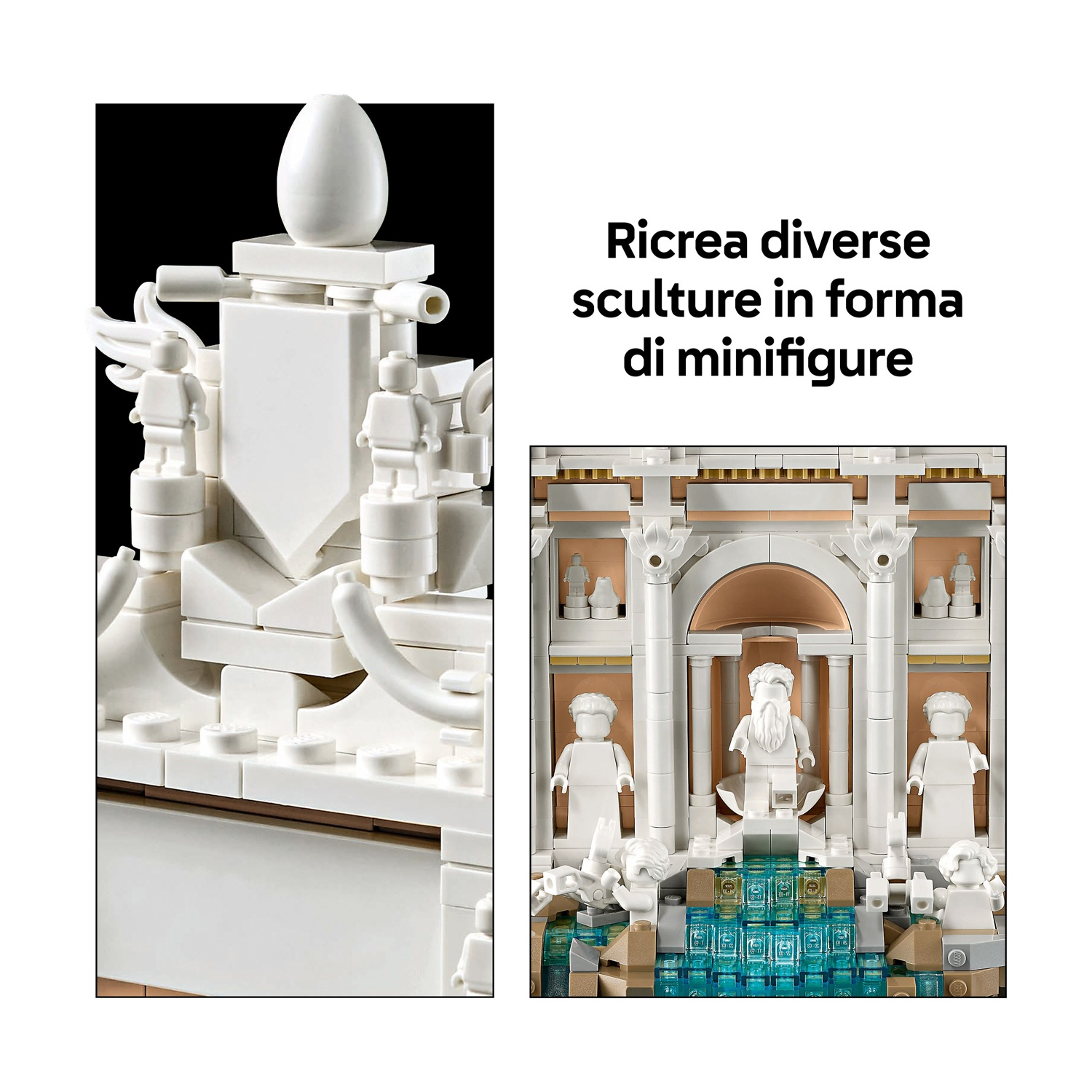Sculture Lego bianche, tra cui figure ed elementi architettonici, su sfondo bianco e nero, suggerendo un museo o un'esposizione.