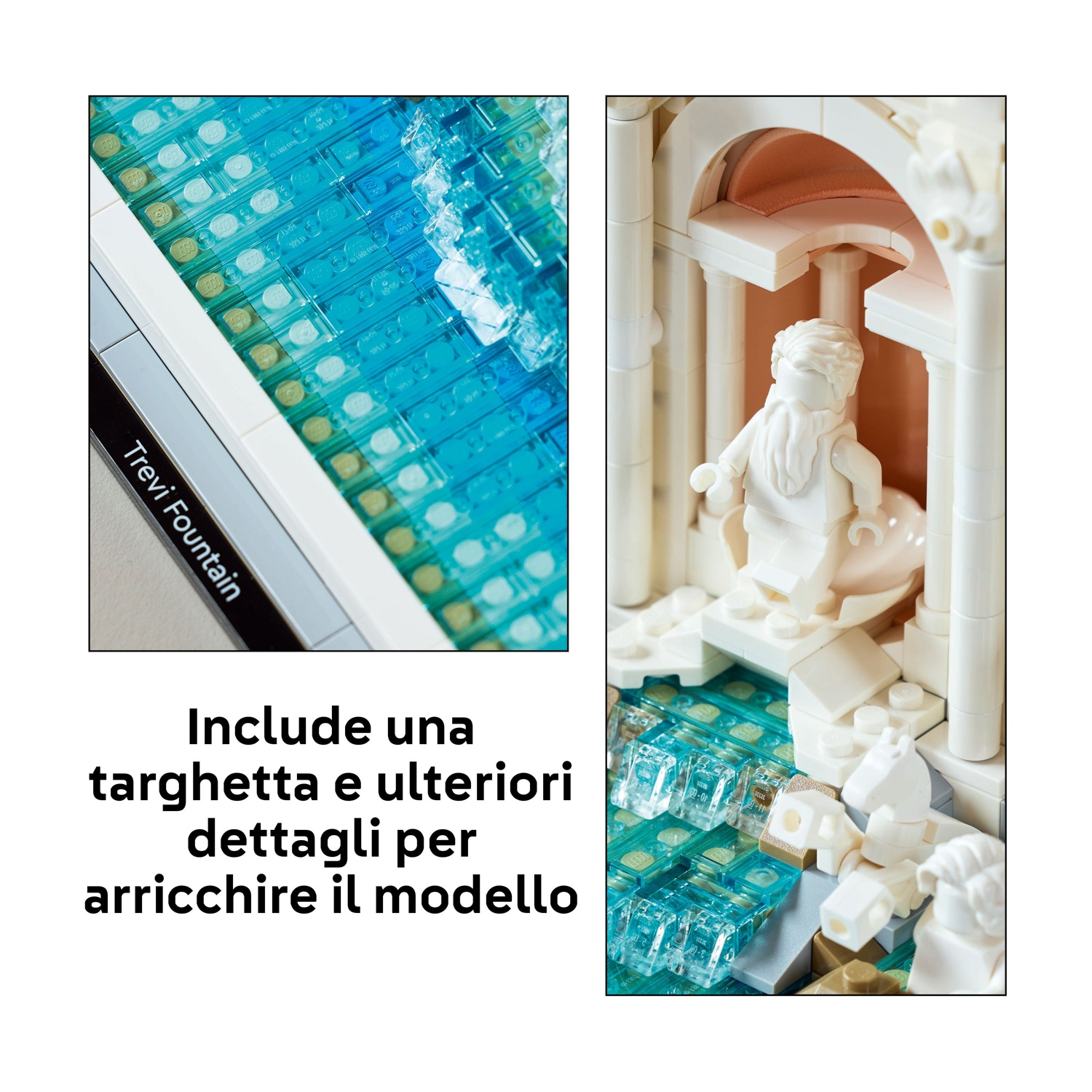 Modello Lego della Fontana di Trevi. Include un cartello ed elementi dettagliati. Figure e dettagli architettonici sono visibili.