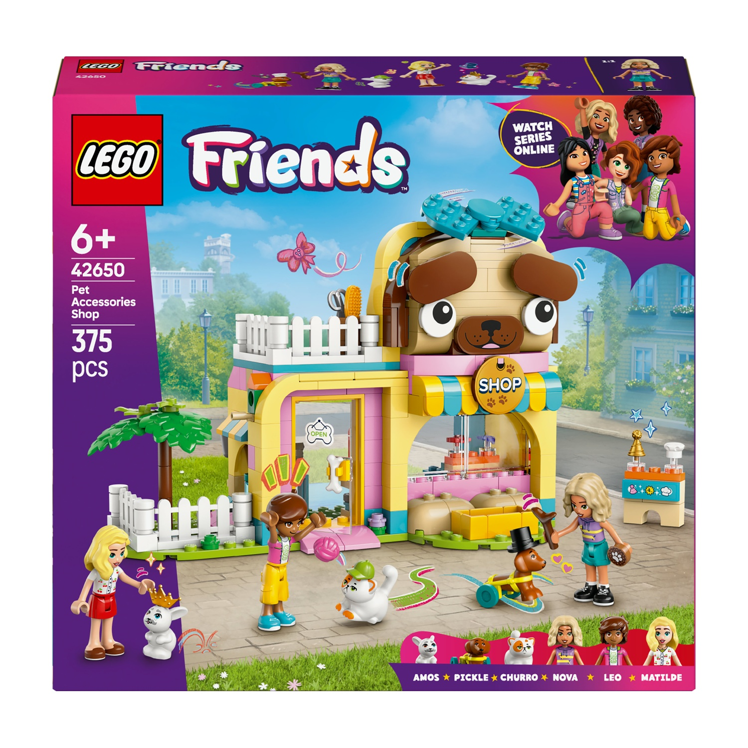Set LEGO Friends Negozio di Accessori per Animali. Include edificio a forma di carlino, minifigure e accessori per animali.