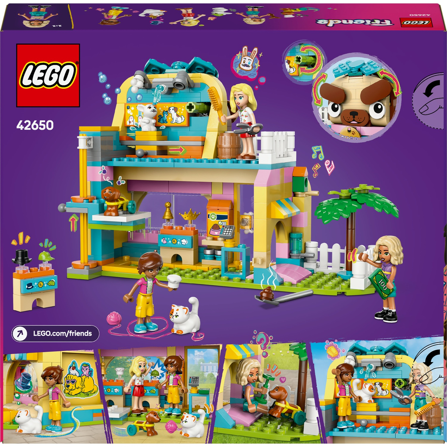 Scatola del set LEGO Friends. Mostra un edificio con personaggi e animali. Lo sfondo è viola. Include diverse scene più piccole.