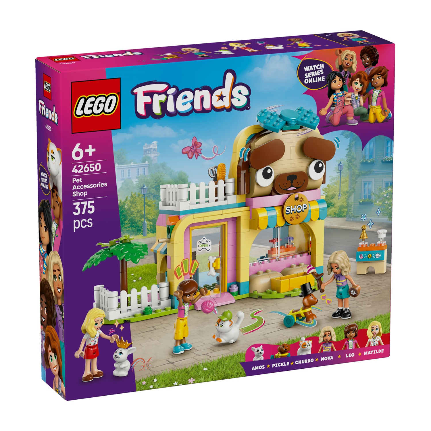 Scatola del set Lego Friends. Presenta un negozio di accessori per animali con personaggi, un cane e un gatto, e la scatola indica '6+' e '375 pezzi'.