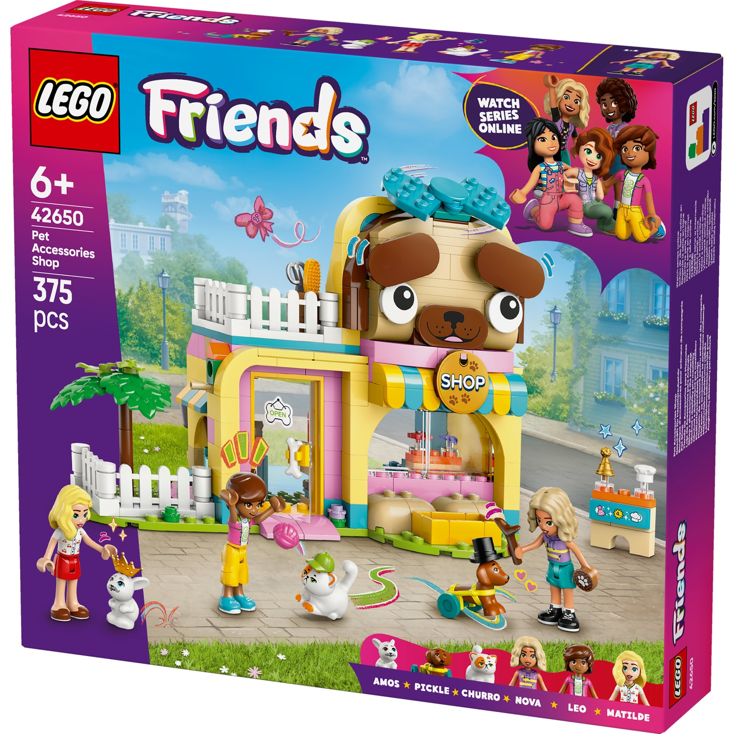 Set Lego Friends. Un negozio a forma di cane con personaggi e animali domestici. Include diverse mini-figure e accessori.