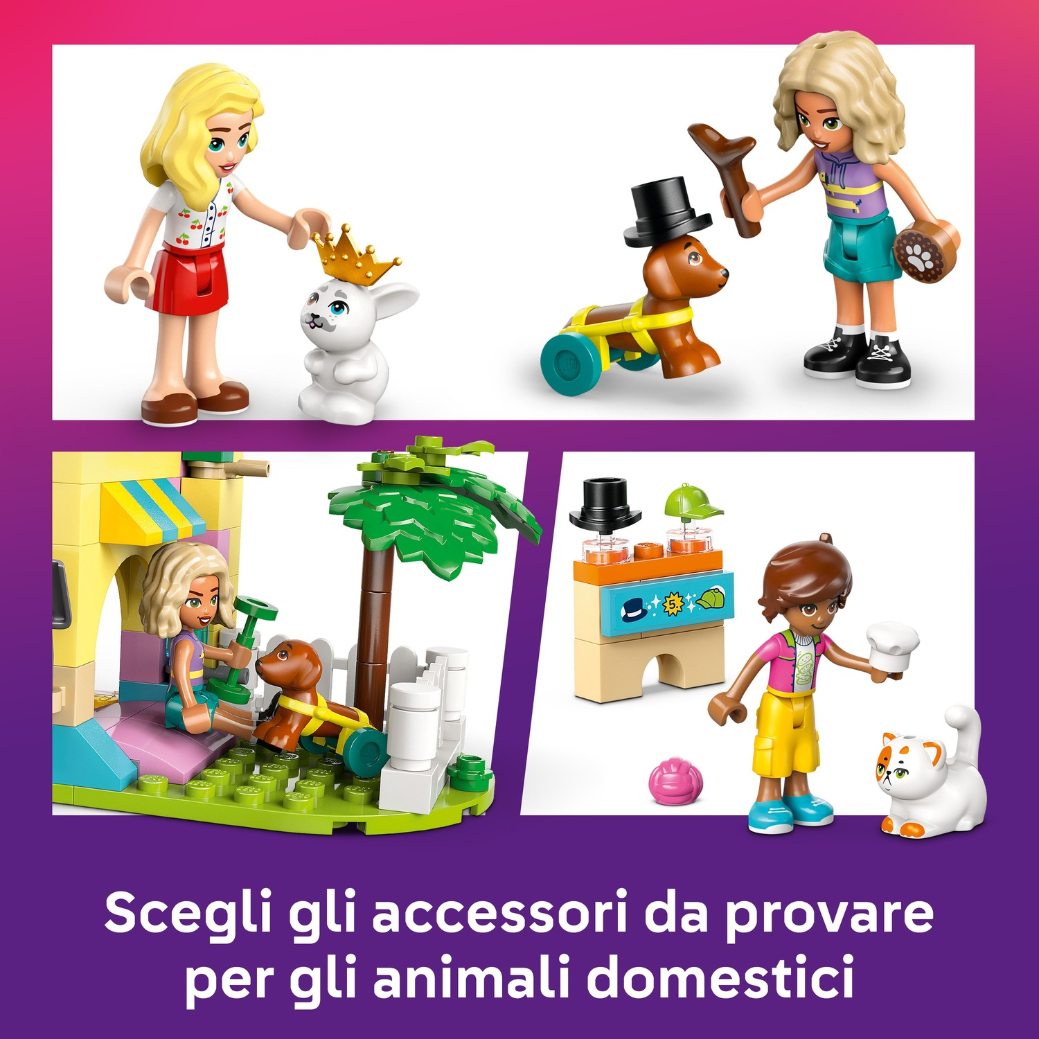 Quattro scene con personaggi e animali Lego. Le scene includono personaggi con un coniglio, un cane e un gatto, con vari accessori.