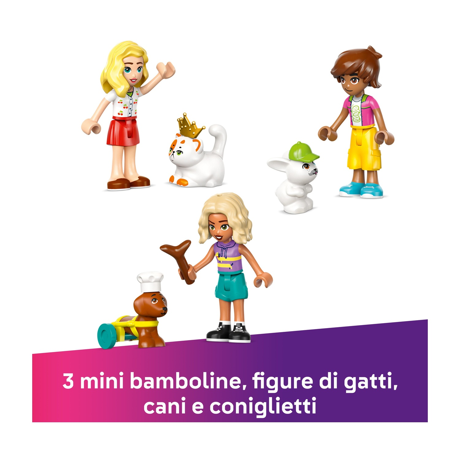 Tre mini-doll con figure di gatto, cane e coniglio. Una ragazza bionda saluta. Un'altra ragazza sta con un coniglio. Una terza ragazza tiene un osso.