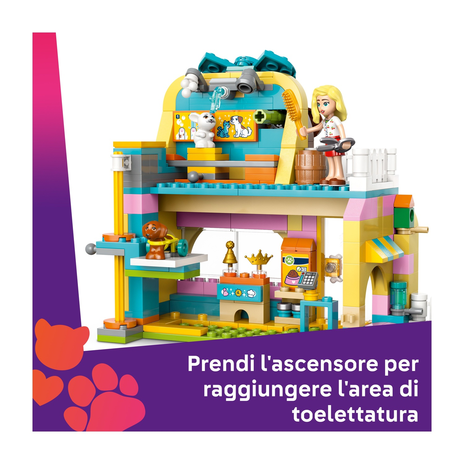 Un playset Lego per la toelettatura degli animali domestici. Una ragazza bionda tiene in mano una spazzola. Ci sono cani e gatti giocattolo. L'edificio ha più livelli e colori.