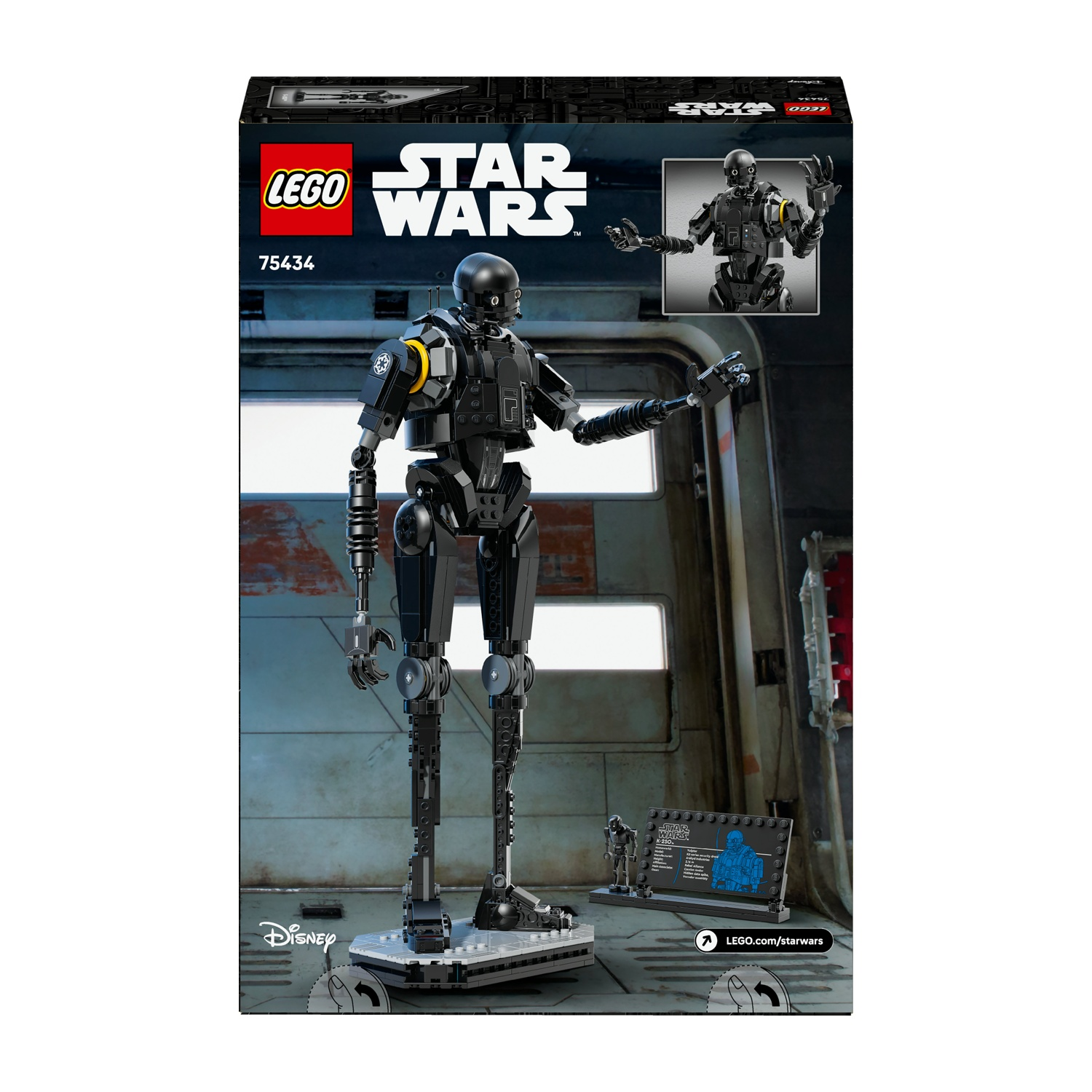 Figura Lego Star Wars K-2SO sulla scatola. Il droide nero è in piedi. La scatola mostra il droide e il logo Lego.