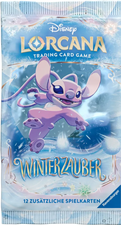 Disney Lorcana Trading Card Pack. Engel-Figur in einer Winterszene. Blau und Weiß dominieren, Text auf Deutsch.
