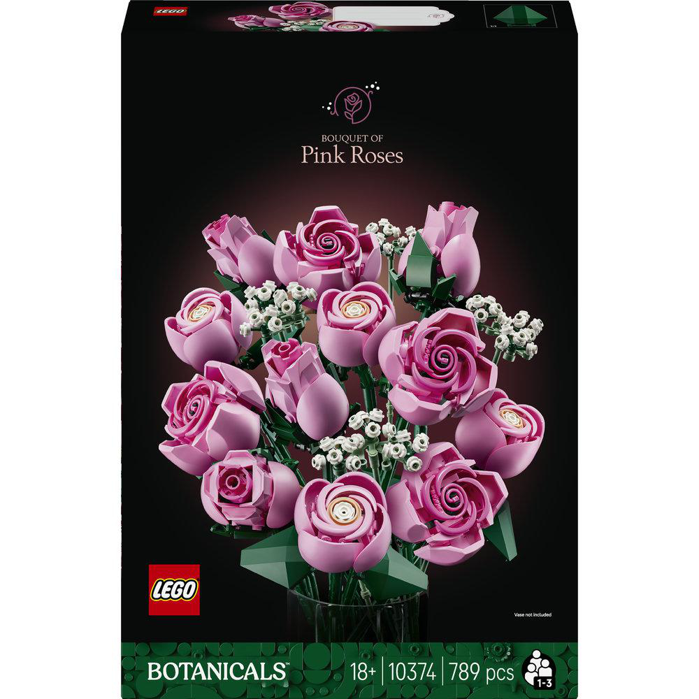 Eine LEGO-Box mit einem Strauß rosa Rosen. Der Strauß steht in einer Vase mit grünen Blättern. Der Text lautet 'Pink Roses' und 'Botanicals'.
