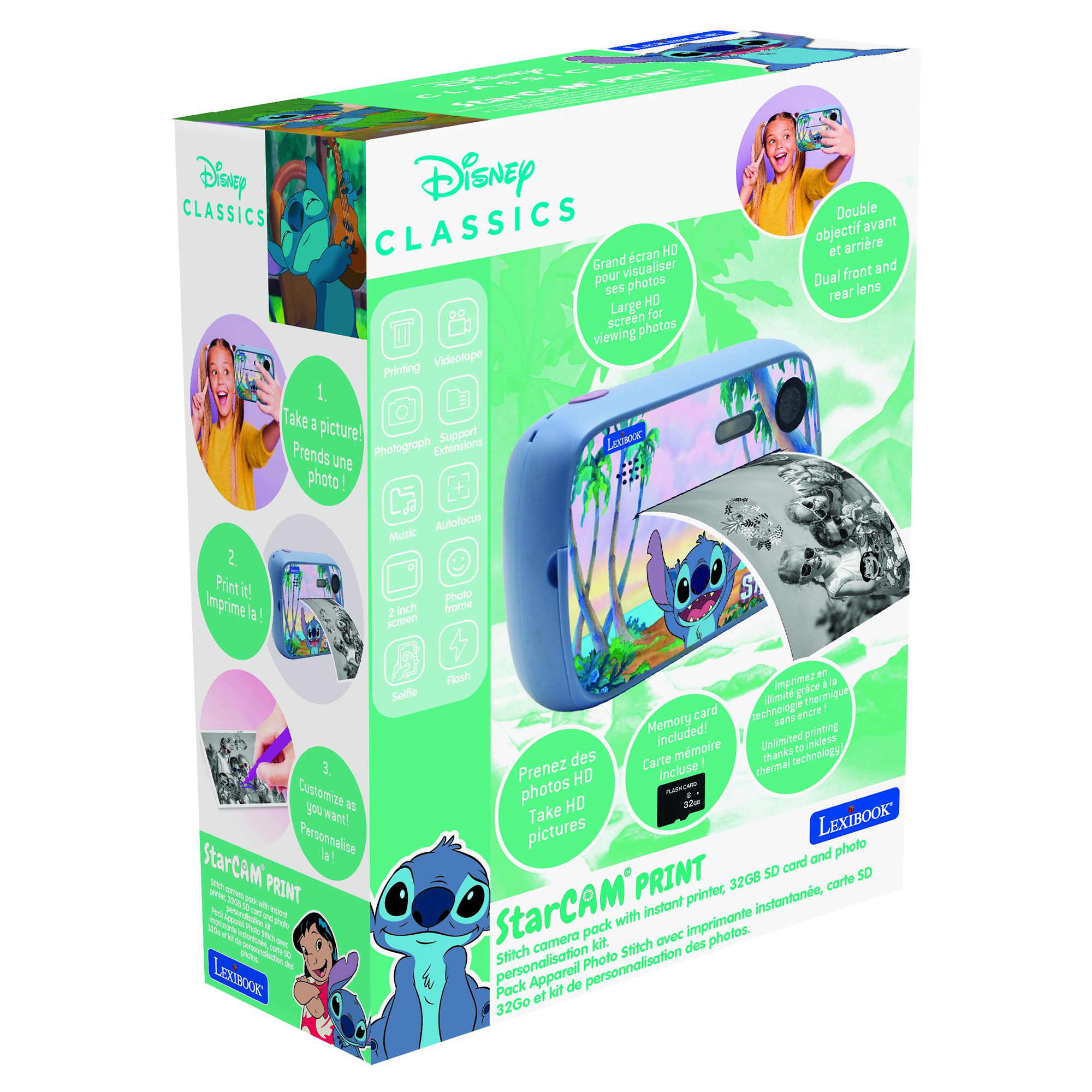 Caja de una cámara Disney Stitch StarCAM Print con funciones enumeradas y una niña tomando una foto con ella.