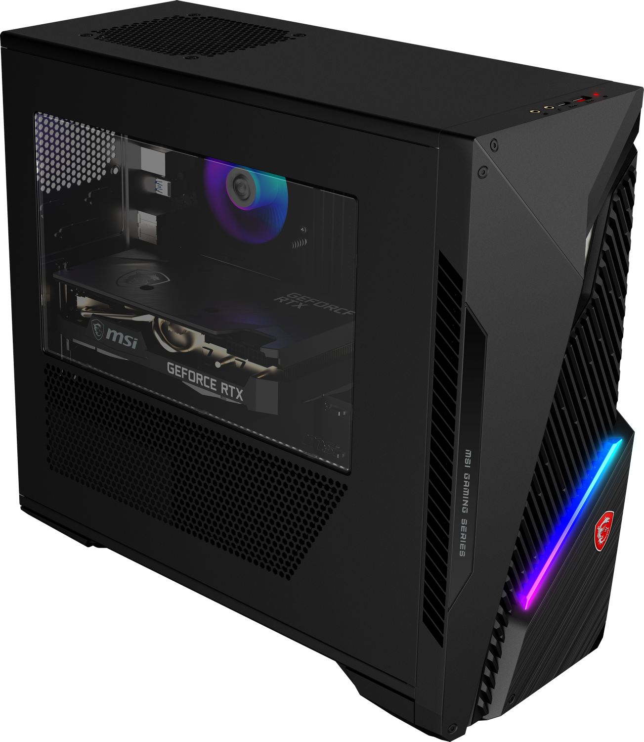 Una carcasa de PC para juegos MSI negra con un panel lateral de vidrio. En el interior hay componentes como una tarjeta gráfica. La carcasa tiene iluminación RGB.