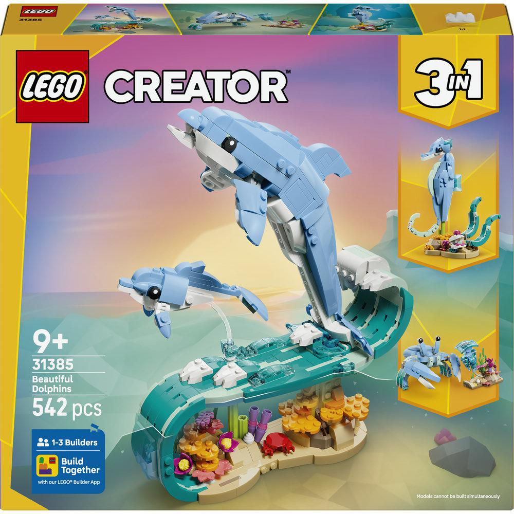 LEGO Creator-Set mit blauen Delfinen, einem Seepferdchen und einer Krabbe. Das Set ist für Kinder ab 9 Jahren und enthält 542 Teile.