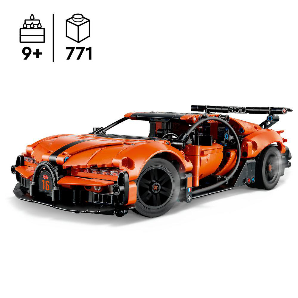 Ein orangefarbener Lego-Sportwagen mit schwarzen Rädern und Akzenten. Das Auto hat die Nummer 16 auf der Front.