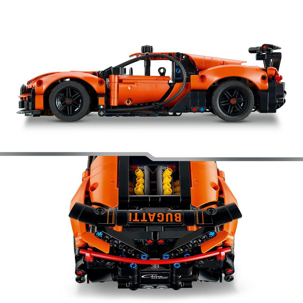 Ein orangefarbenes Lego Bugatti Chiron Modellauto. Das Auto befindet sich auf weißem Hintergrund. Die Draufsicht zeigt die Seite des Autos, die Unteransicht das Heck.