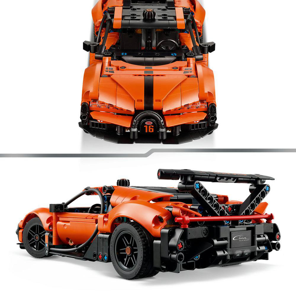 Ein orangefarbenes Lego Bugatti Chiron Modell wird aus zwei Blickwinkeln gezeigt. Das Auto hat schwarze Akzente und die Nummer 16.