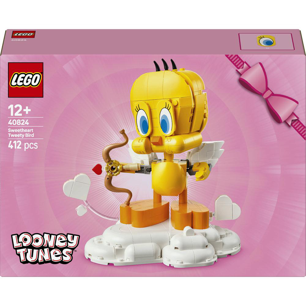 Lego Sweetheart Tweety Bird Set, gelber Vogel mit Pfeil und Bogen, auf einer rosa Box mit Looney Tunes Logo.