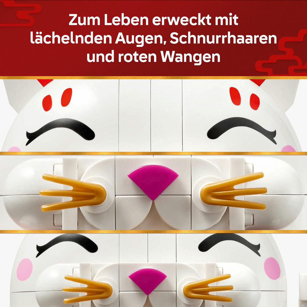 Eine weiße katzenartige Figur aus Blöcken mit roten Punkten, schwarzen Augenbrauen, rosa Wangen und gelben Schnurrhaaren.