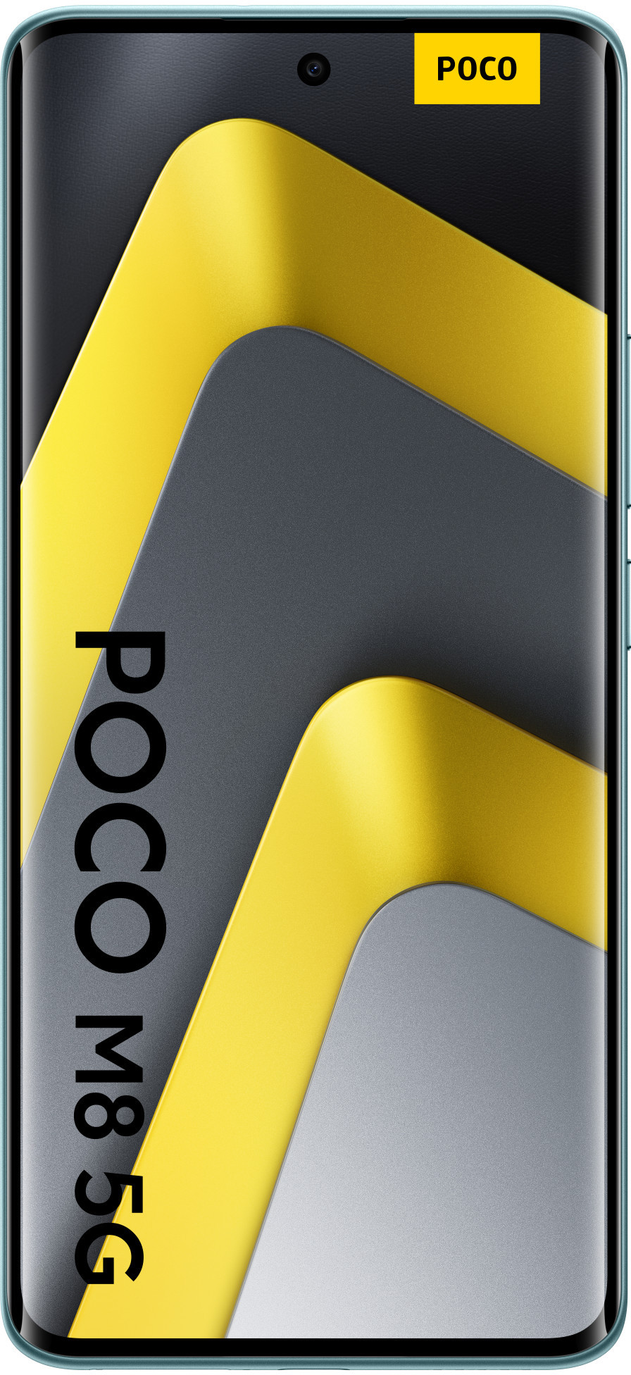 Telefon POCO M8 5G. Żółty i szary warstwowy design na ekranie. Telefon jest w kolorze turkusowym z zaokrąglonymi krawędziami. Obecne logo POCO.