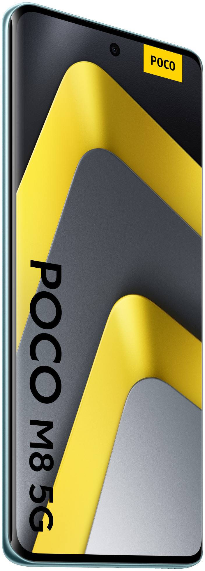 Wyświetlany jest smartfon POCO M8 5G. Jego ekran ma żółte, szare i czarne abstrakcyjne kształty. Telefon jest w kolorze miętowym.
