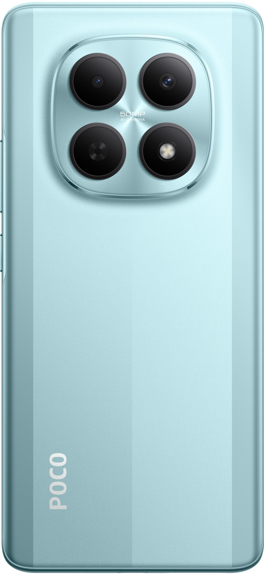 Jasnoniebieski tył telefonu. Cztery czarne obiektywy w okręgu. Logo 'POCO' na dole.