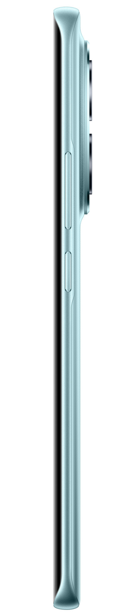 Widok z boku jasnoniebieskiego smartfona. Przyciski i moduł kamery. Czarny ekran.