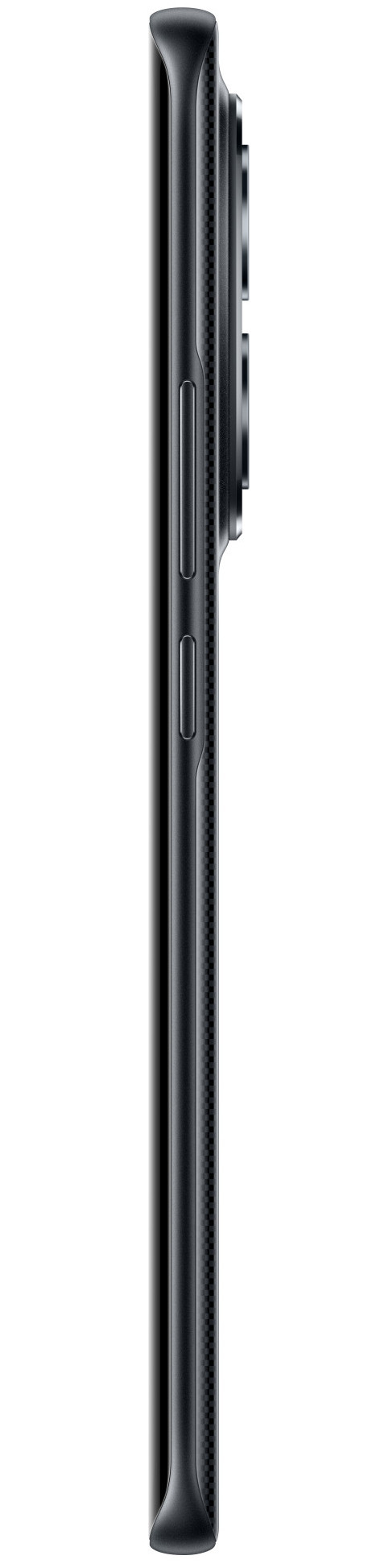 Widok z boku czarnego smartfona. Widoczne przyciski boczne, moduł aparatu i błyszczące wykończenie.