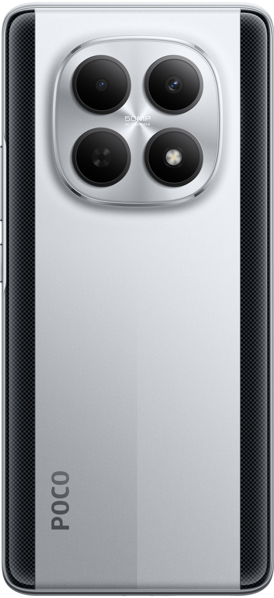 Srebrny tył smartfona. Cztery soczewki w okręgu. Czarny, kratkowany bok.