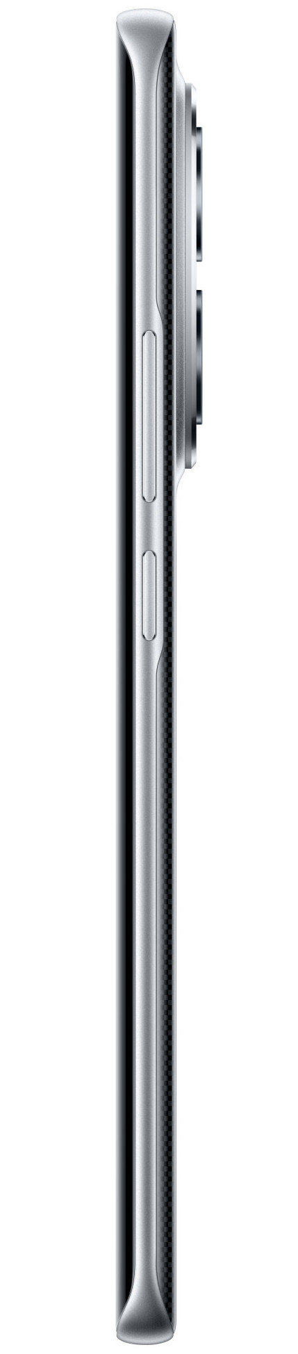 Widok z boku srebrnego smartfona. Ma przyciski i aparaty. Tło jest białe.