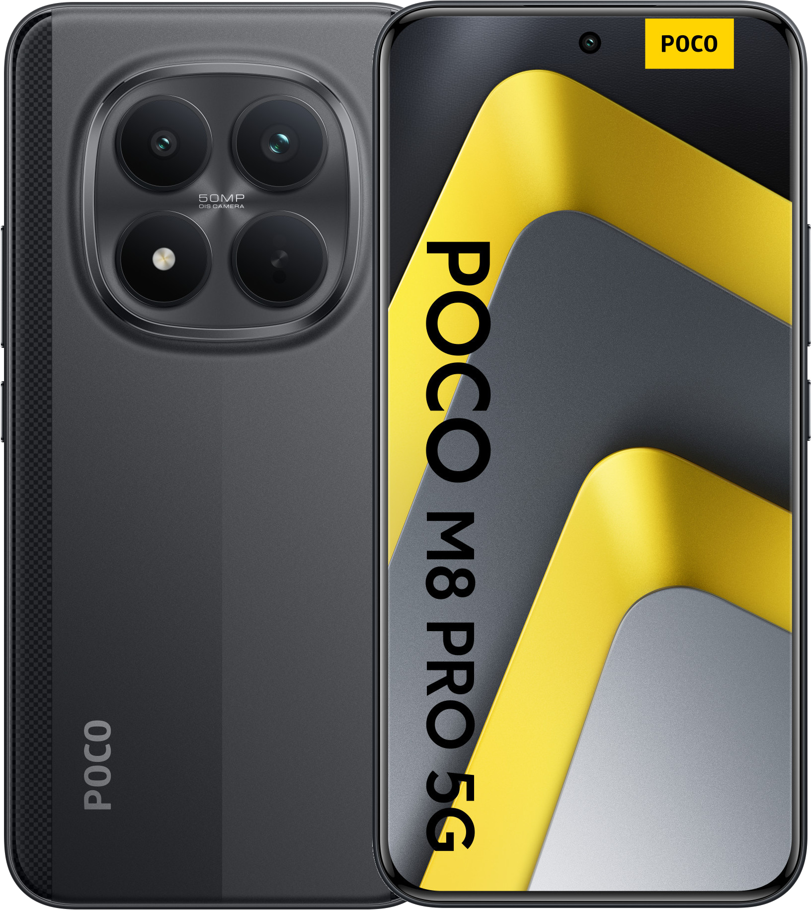 Czarny smartfon pokazuje tył z aparatami i przód z logo Poco, żółty i szary design.
