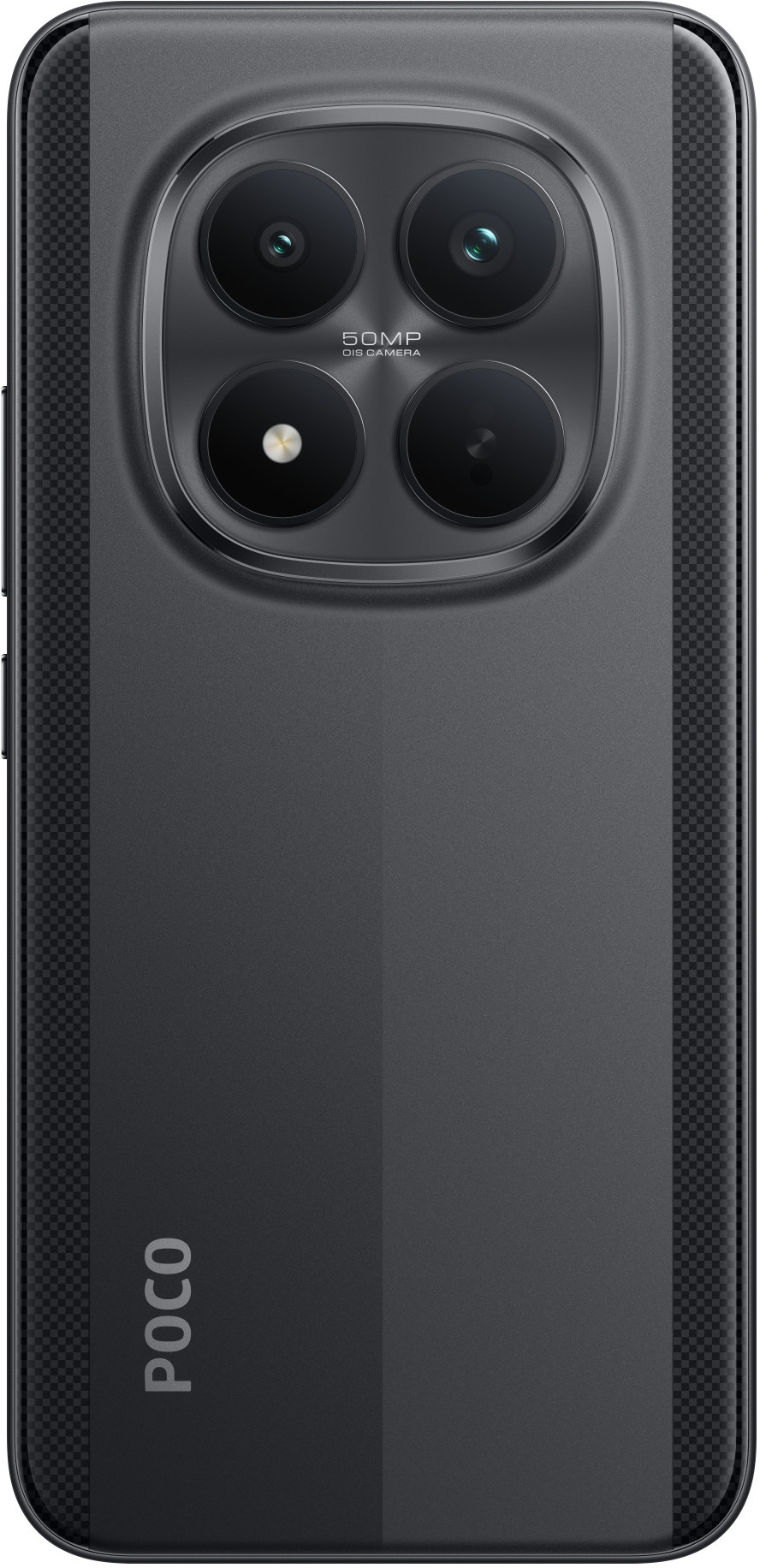 Czarny tył smartfona z modułem aparatu. Moduł ma cztery obiektywy. Telefon ma logo POCO i teksturowaną ramkę.