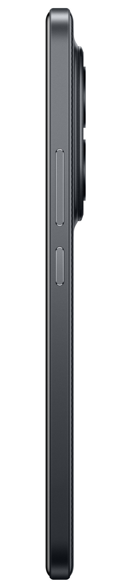 Widok z boku ciemnoszarego smartfona. Widoczne przyciski zasilania i głośności. Obiektyw aparatu po prawej.