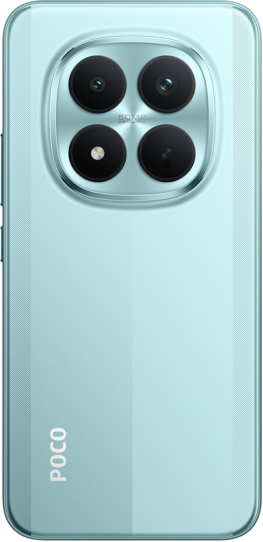 Tył miętowego smartfona z poczwórnym aparatem. Logo POCO pionowo. Gładka, teksturowana konstrukcja.