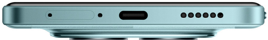 Widok z boku jasnoniebieskiego telefonu. Pokazuje mikrofon, gniazdo SIM, port USB-C, otwory głośnika i czarną górną krawędź.