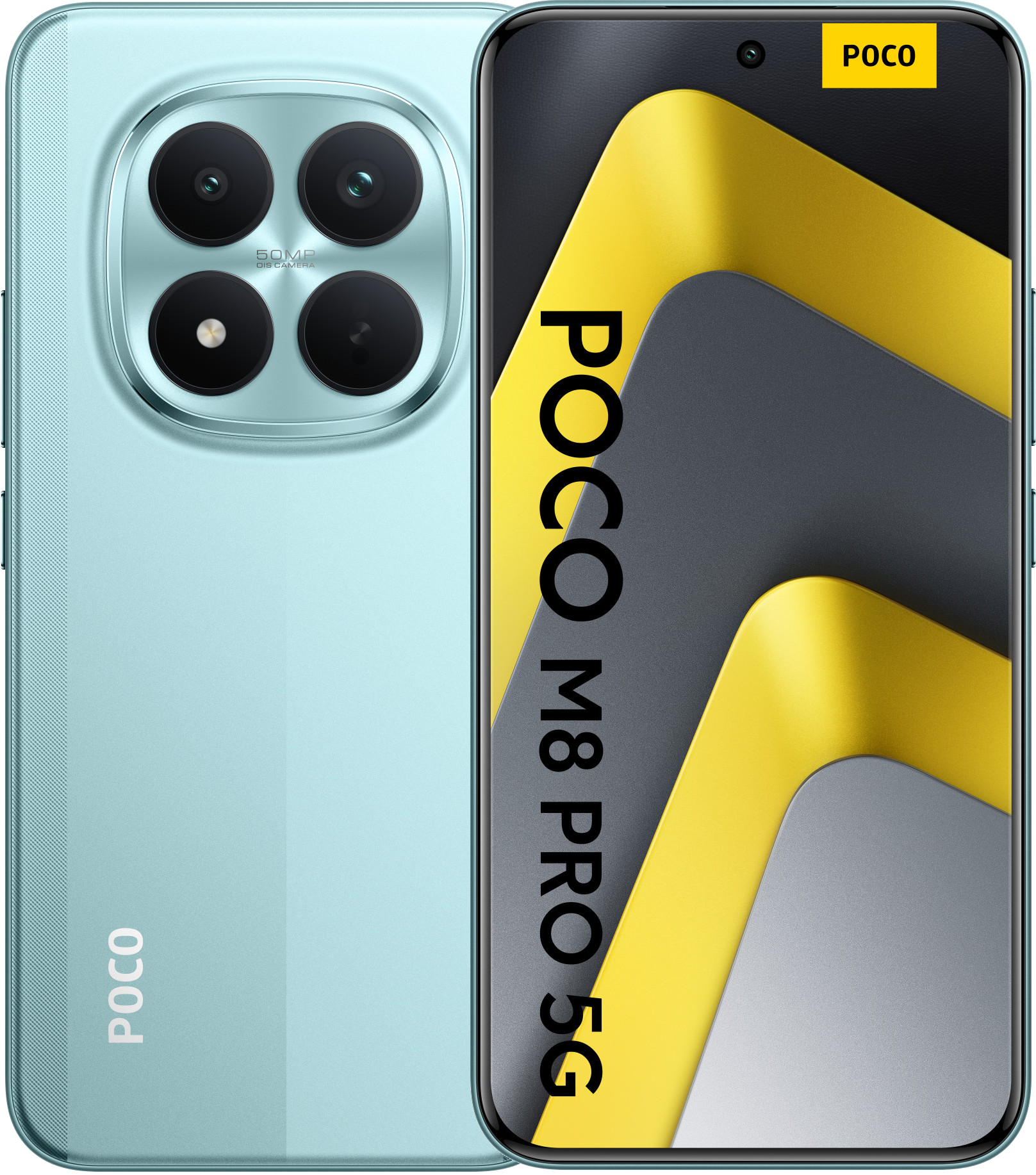 Turkusowy smartfon Poco M8 Pro 5G z wieloma tylnymi aparatami, czarnym ekranem i żółto-szarymi elementami.