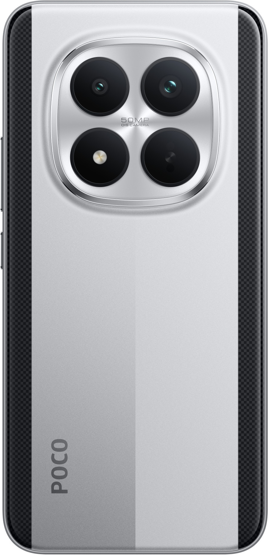 Srebrny tył telefonu. Cztery czarne obiektywy aparatu w okręgu. Czarny wzór w kratę po bokach. Logo POCO na dole.