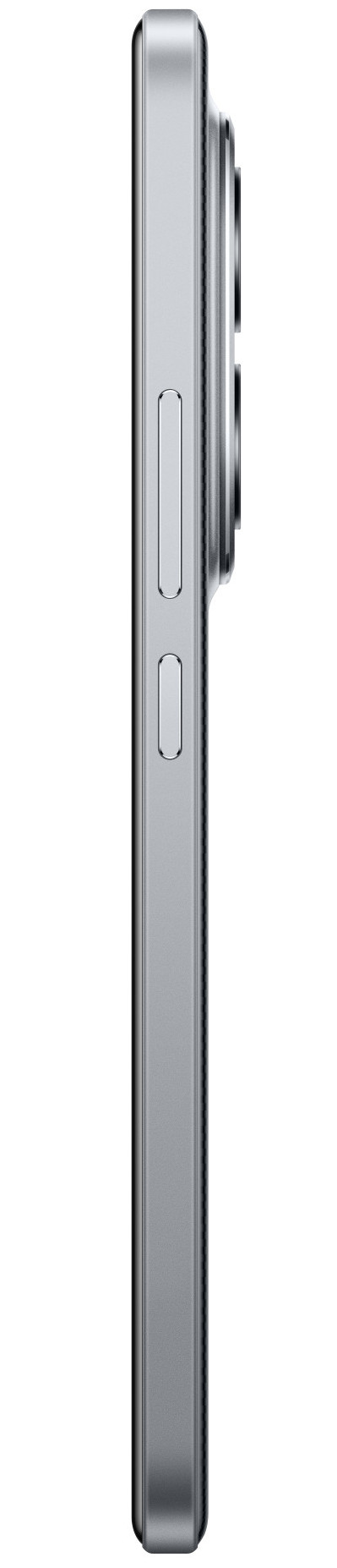 Widok z boku srebrnego smartfona z przyciskami i obiektywami aparatu na białym tle.