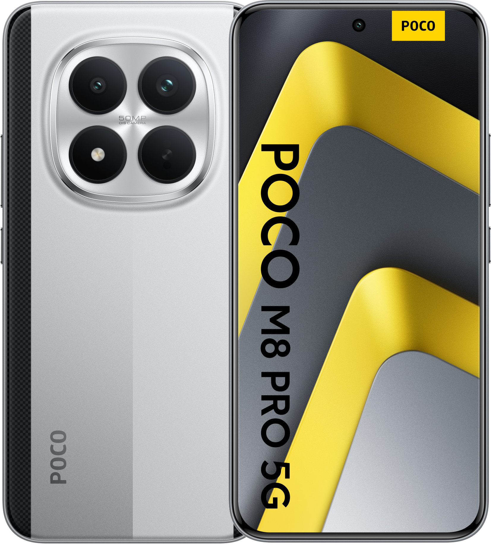 Srebrny smartfon Poco M8 Pro 5G. Cztery tylne kamery. Ekran pokazuje żółty i szary design z tekstem Poco.