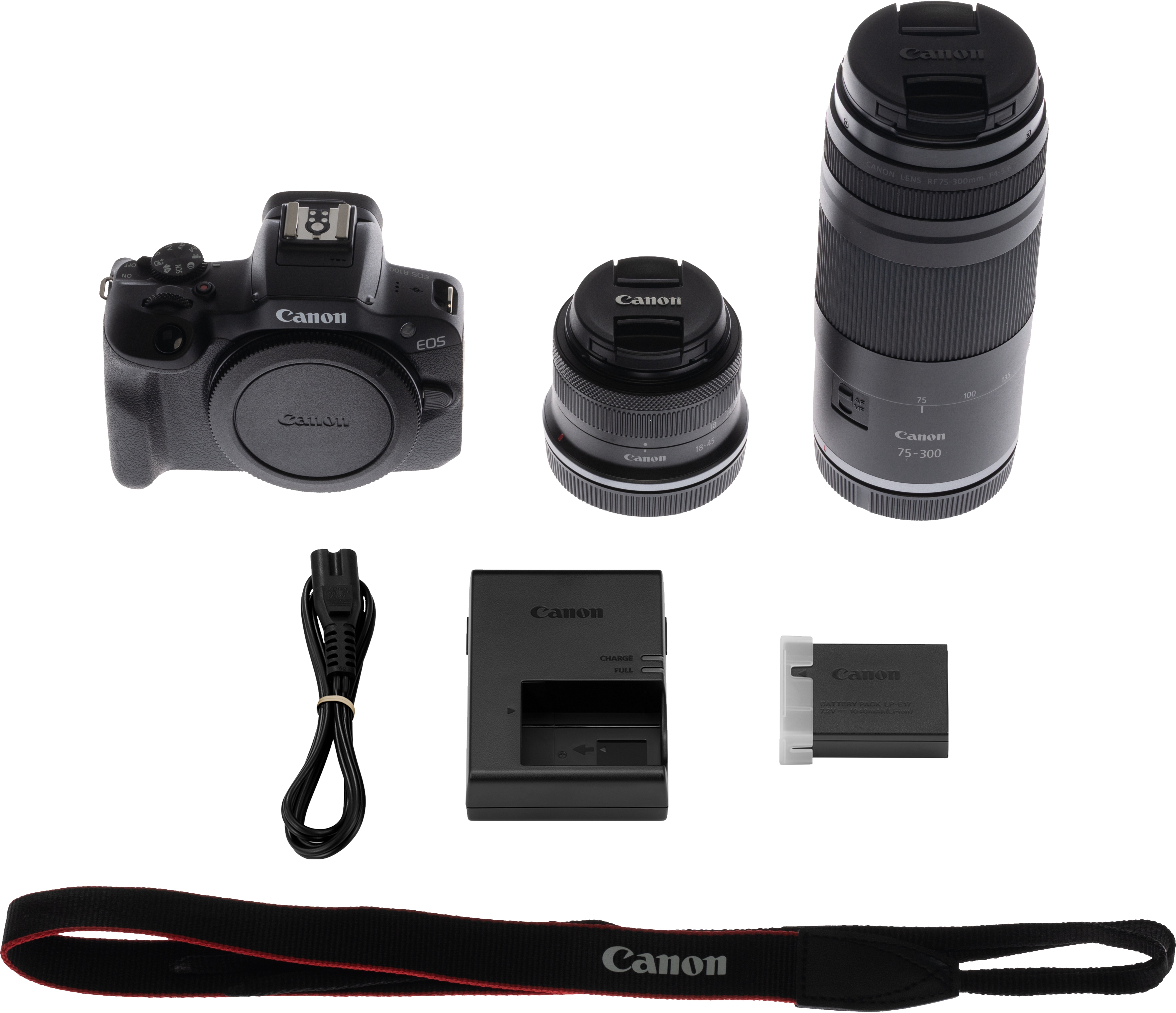 Eine Canon-Kamera, Objektive, Ladegerät, Akku und Gurt werden vor schwarzem Hintergrund gezeigt.