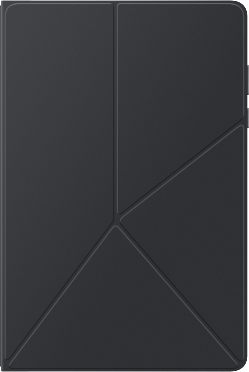 Un étui de tablette gris foncé, plié. L'étui comporte plusieurs sections angulaires avec des coutures visibles, créant un motif géométrique.